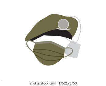 Green military hat, Army identity discs and face mask on White background