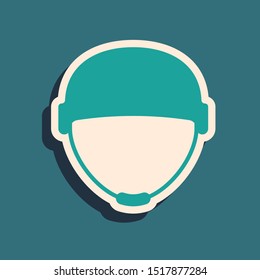 Green Military helmet icon isolated on blue background. Army hat symbol of defense and protect. Protective hat. Long shadow style. Vector Illustration