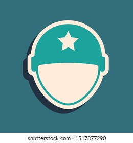 Green Military helmet icon isolated on blue background. Army hat symbol of defense and protect. Protective hat. Long shadow style. Vector Illustration