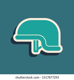 Green Military helmet icon isolated on blue background. Army hat symbol of defense and protect. Protective hat. Long shadow style. Vector Illustration