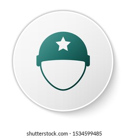 Green Military helmet icon isolated on white background. Army hat symbol of defense and protect. Protective hat. White circle button. Vector Illustration
