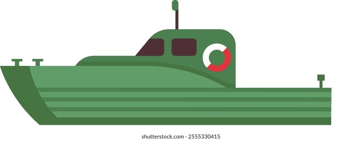 Green military patrol boat sailing on water, ensuring safety and security of coastal areas, equipped with navigation and safety features, ready for maritime operations