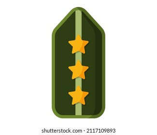 Green military ranks shoulder badge, army soldier chevron strap, soldier uniform sign with three golden stars. Military concept for army, soldiers and war. Vector cartoon isolated illustration.