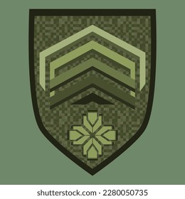 Green military ranks shoulder badge. Army soldier chevron. Uniform sign with green star. Colorful vector illustration isolated on white background.