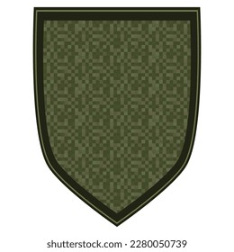 Green military ranks shoulder badge. Army soldier chevron. Uniform sign with green pixel camouflage. Colorful vector illustration isolated on white background.