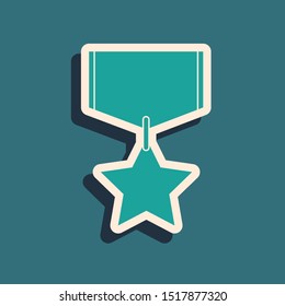 Green Military reward medal icon isolated on blue background. Army sign. Long shadow style. Vector Illustration