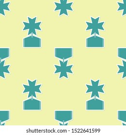 Green Military reward medal icon isolated seamless pattern on yellow background. Army sign.  Vector Illustration