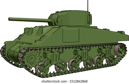 Green military tank, illustration, vector on white background.