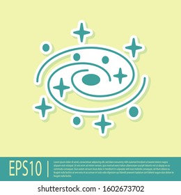Green Milky way spiral galaxy with stars icon isolated on yellow background.  Vector Illustration