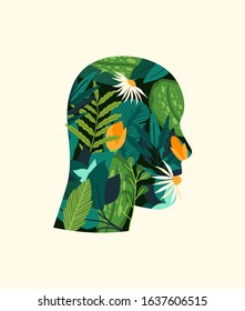 Green mind. Silhouette of man, with flowers grow inside. Green thinking concept, with a pattern of leaves, plants and flowers. Creative man illustration. Creative thinking, green ideas in the head.