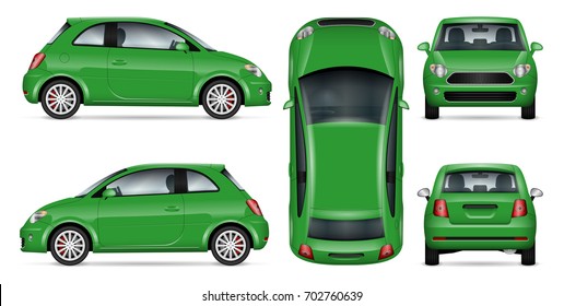 Green mini car vector mock-up for car branding and advertising. Isolated minicar set on white. All layers and groups well organized for easy editing and recolor. View from side, front, back, top.