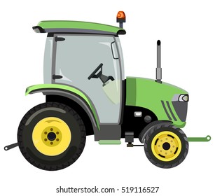 Green mini tractor a side view on white background