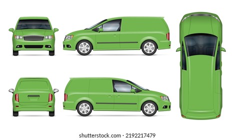 Modelación del vector verde minivan sobre fondo blanco para marca de vehículos, identidad corporativa. Vista desde un lado, frente, atrás, arriba. Todos los elementos de los grupos en capas separadas para una edición y un recolector fáciles