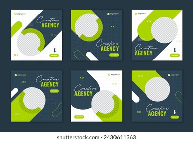 Green minimal corporate social media post template set. Bundle of business marketing agency square layout