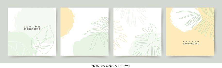 Green minimal square backgrounds with leaves. Tropical leaf in trendy line style.Editable simple floral vector template for poster, invitation, social media post, cover, card, banner, mobile apps, web