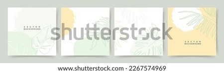 Green minimal square backgrounds with leaves. Tropical leaf in trendy line style.Editable simple floral vector template for poster, invitation, social media post, cover, card, banner, mobile apps, web