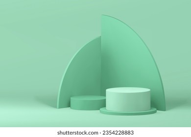Green minimalist 3d podium pedestal geometric wall background empty showcase realistic vector illustration. Empty pastel showroom interior advertising stand for cosmetic product promo presentation