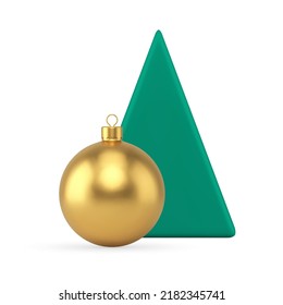 Green minimalist Christmas tree triangular geometric pyramid with golden premium ball toy hang realistic 3d icon vector illustration. Xmas composition for New Year eve winter festive holiday congrats