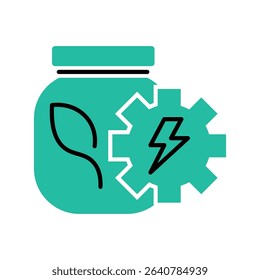 Green minimalist jar with gears and leaves, expressing green technology and efficient electricity storage system.