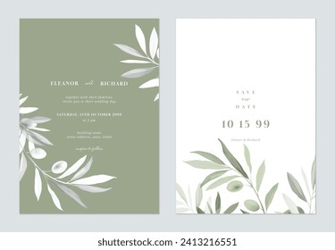 Green minimalist olive leaves wedding invitation