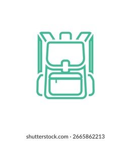 A green minimalist vector icon of a backpack with a front pocket and a flap closure, set against a white background.