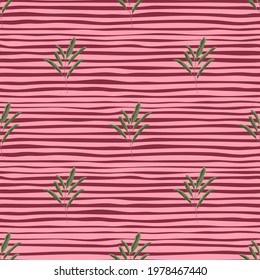Green minimalistic leaf branches silhouettes seamless pattern. Pink striped background. Nature backdrop. Designed for fabric design, textile print, wrapping, cover. Vector illustration.