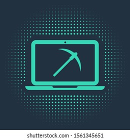 Green Mining concept with laptop and pickaxe icon isolated on blue background. Blockchain technology, cryptocurrency mining, digital money market. Abstract circle random dots. Vector Illustration