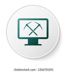 Green Mining concept with monitor and pickaxe icon isolated on white background. Blockchain technology, cryptocurrency mining, digital money market. White circle button. Vector Illustration