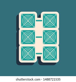Green Mining farm icon isolated on blue background. Cryptocurrency mining, blockchain technology, bitcoin, digital money market, cryptocoin wallet. Long shadow style. Vector Illustration