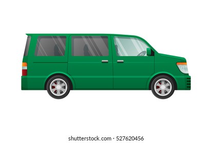 Green minivan in simple cartoon style isolated on white. Side view. Shaded and clear glasses. Speed four-wheeled mean of transportation. Front and back headlights. Flat design. Vector illustration