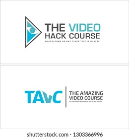 Green mint black line art eye triangle ribbon combination mark logo design vector concept suitable for business video industrial technology