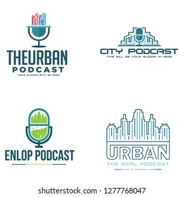 Green mint blue ribbon bubble microphone building chart line art badge logo design vector suitable for music sing development real estate urban
