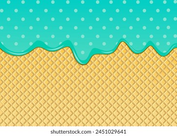 Green mint cream melted waffle cone vector pattern. Ice cream waffle sweet liquid biscuit cartoon cream
