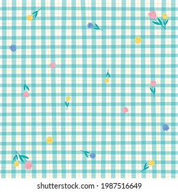 Green Mint Gingham Tulip Flower Patterns  Background Editable Stroke. Vector Illustration Tablecloth, Picnic mat, Fabric pattern, Textile.