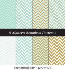 Green Mint and Gold Chevron and Argyle Seamless Patterns. Pattern Swatches included and made with Global Colors - easy to change all patterns in one click.