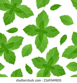 Green mint leaf seamless pattern. Vector botanical background with aromatic herb. Vector cartoon flat illustration.