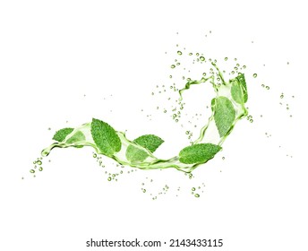 Grüne Pfefferminzblätter und Kräutertee-Splash-Flow. Menthol-, Pfefferminz-, Matcha-realistische Vektortrinkflasche mit Rippeltextur und Tropfenexplosion, Aroma-Kräutergetränk einzeln auf 3D-Fluss