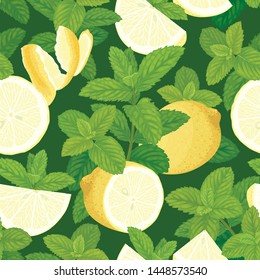 Green mint leaves with lemon on background template. Vector set of herbal element for advertising, packaging design, greeting card and fashion design.