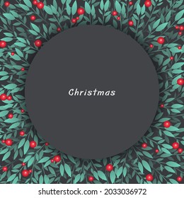 Green mint leaves and red berries with circle shape copy space vector for decoration on Christmas holiday event.