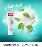 Green mint leaves swirl and toothpaste, dental care vector ad poster with white healthy tooth, spearmint and tube with paste. Product of tooth protection and repair, realistic 3d promo background