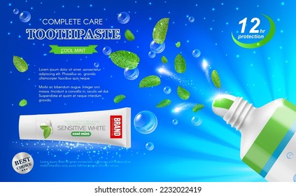 Green mint leaves and toothpaste. Dental care mint toothpaste sale flyer, pepermint dental care product, tooth enamel whitening paste banner with 3d realistic vector plastic tube, flying green leaves