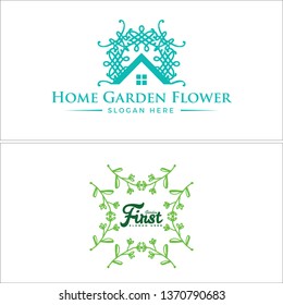 Green mint line art combination logo design leaf roof ribbon ornament vector suitable for garden flower residences nature