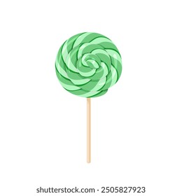 Green mint lollipop swirl on wooden stick isolated on white background. Vector cartoon flat illustration of sweet round candy.