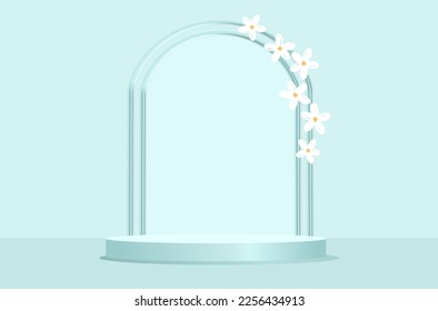 Green mint podium display 3d rendering with cute flower vector minimal pastel product backdrop.