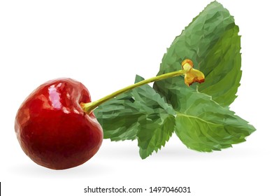 Green mint, red cherry in polygonal style. Low poly fresh food. Elements for label design. Ingredients in triangulation technique. Vector illustration.