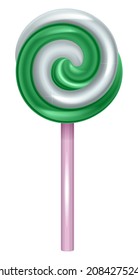 Green mint sweet christmas lollipop round spiral on stick. Vector cartoon illustration isolated on white