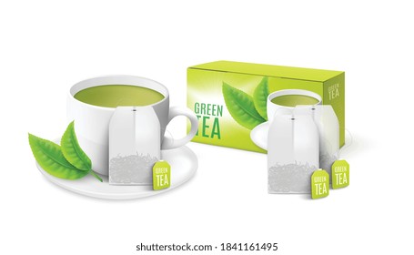Bolsa verde de té de menta empaquetando maquillaje 3d. Vaso de porcelana blanca con paquete para plantilla de bebida caliente, ilustración vectorial realista fondo blanco aislado
