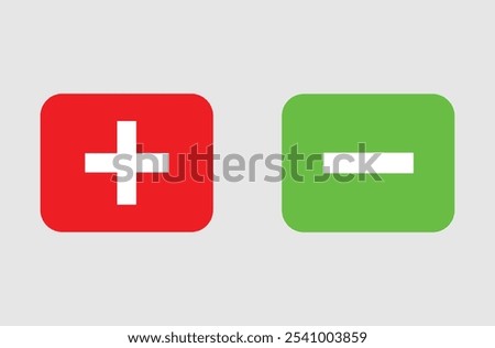 Green minus and red plus minus icon outline vector illustration design on grey background. Buttons. Simple color vector illustration. Eps file 46.