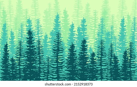 Green Mist Pine Tree Forest, Horizontal Seamless Flat Design in Shades of Green. Trees Silhouettes gradient background.