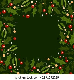 Green mistletoe ilex square frame in retro style on white background. Isolated background. Floral hand drawn background. Design element.